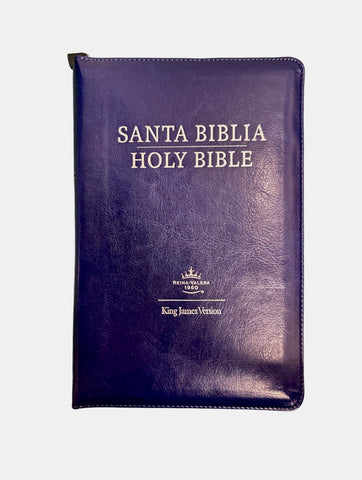 Biblia Bilingue Tamaño Manual RVR.1960/ KJV Símil Piel Azul Con Índice/Cierre