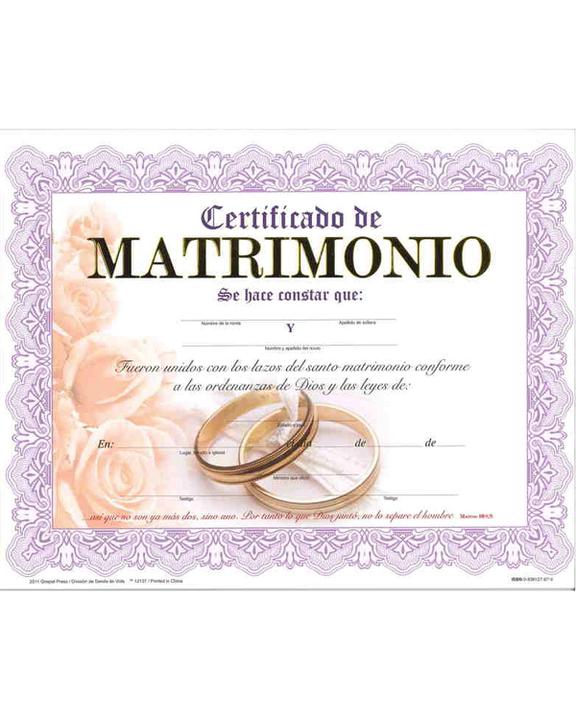 Certificado De Matrimonio - Paquete de 15 unidades