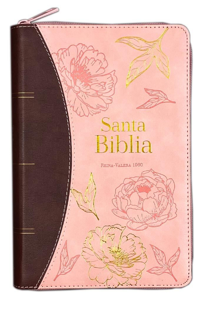 Biblia RVR60 Tamaño Manual Letra Grande Con cierre y con Índice Rosa/Café Filigranas Primaverales
