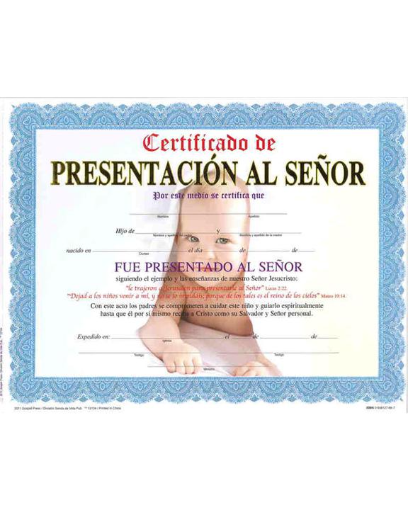 Certificado De Presentacion Al Señor Niño - Paquete de 15 unidades