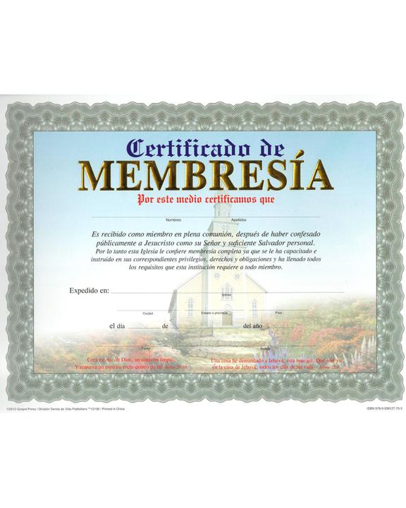 Certificado De Membresia - Paquete de 15 unidades