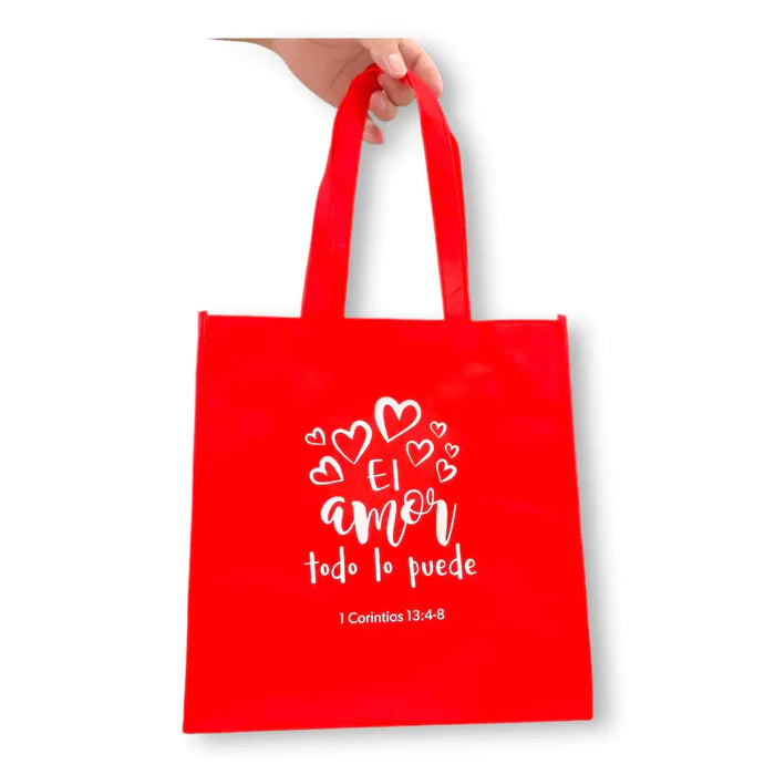 Bolsa de tela Tote bag roja. 1 Cor. 13: 4-8 - El amor...