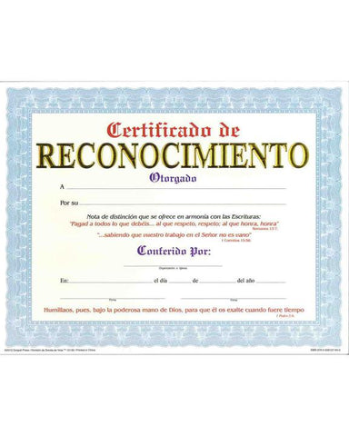 Certificado De Reconocimiento - Paquete de 15 unidades